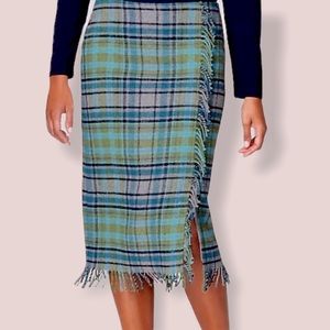 J Jill fringe wool faux wrap plaid skirt NWT 14P